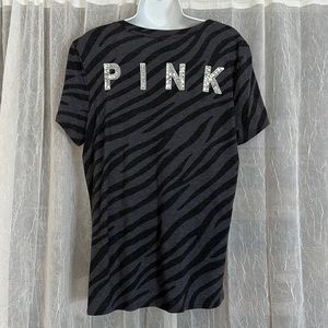 Pink zebra print v neck with sequin PINK on the back